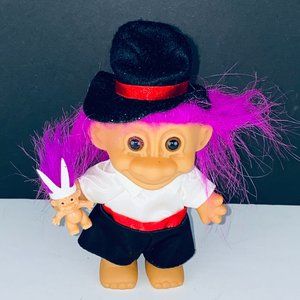 Russ Troll Doll Magician Black Top Hat Satiny Suit Attire Mini Troll Toy Figure
